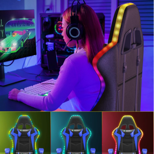 Chaise de jeu RGB lumières LED chaise d'ordinateur ergonomique inclinable en cuir PU dossier haut chaise de bureau vidéo Support lombaire réglable