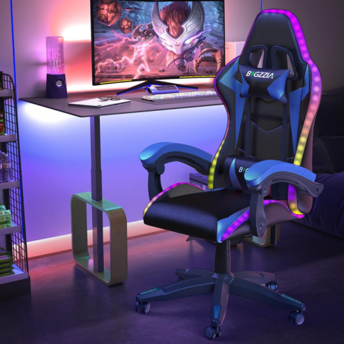Chaise de jeu RGB lumières LED chaise d'ordinateur ergonomique inclinable en cuir PU dossier haut chaise de bureau vidéo Support lombaire réglable