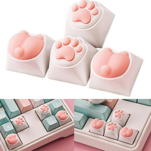 Capuchons de touches patte de chat 3D de couleur rose, 4 pièces, pour clavier mécanique, interrupteur Cherry MX, capuchon de clé personnalisé, en silicone souple, artisanal